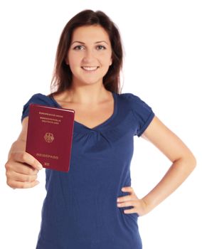 Attractive young woman holding a german passport.