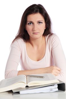 Frustrated young student. All isolated on white background.