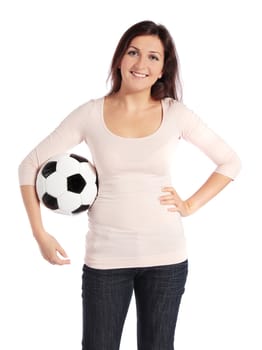 Attractive young woman holding a soccer ball. All on white background.