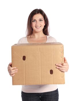 Attractive young woman carrying a moving box. All on white background.