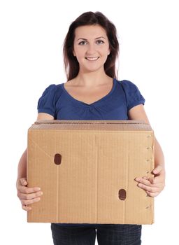 Attractive young woman carrying a moving box.