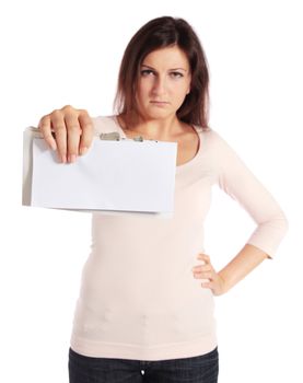 Attractive young woman getting bad news. All on white background.
