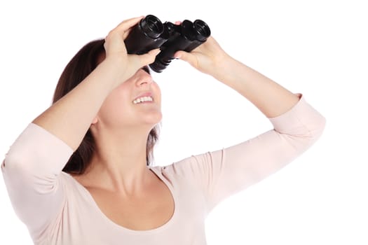 Attractive young woman using spaglass. All on white background.