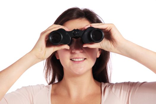 Attractive young woman using spaglass. All on white background.