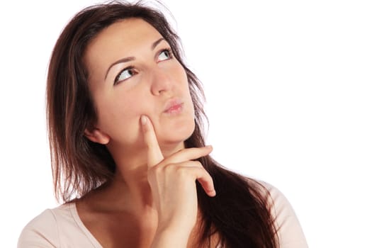 Attractive young woman deliberates a decision. All on white background.