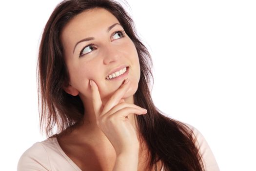 Attractive young woman deliberates a decision. All on white background.