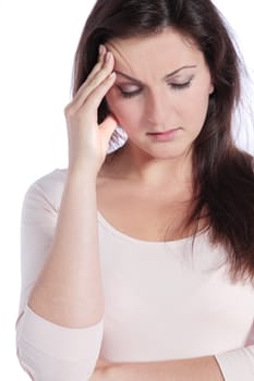 Attractive young woman suffering from headache. All on white background.