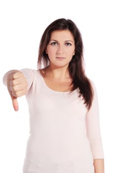 Attractive young woman making negative gesture. All on white background.