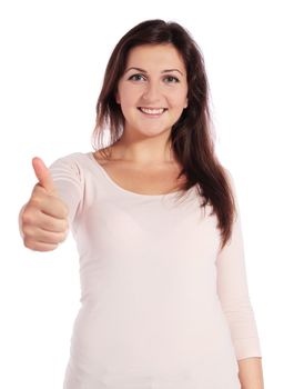 Attractive young woman making positive gesture. All on white background.