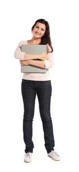 Full length shot of an attractive young student. All on white background.