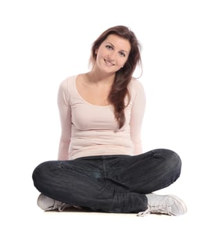 Attractive young woman sitting cross-legged. All on white background.
