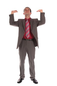 Businessman lifting his arms. Extra copy space. All on white background.