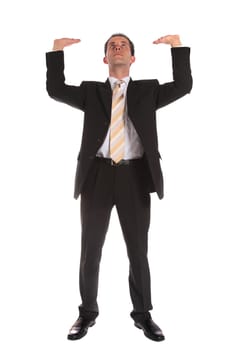 Businessman lifting his arms. Extra copy space. All on white background.