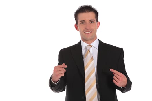 Businessman pointing at himself. All on white background.