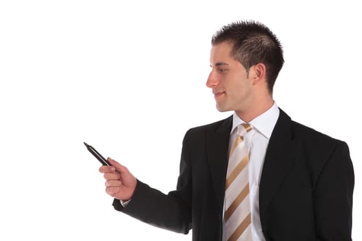 Businessman during a presentation. All on white background.