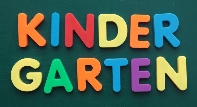 The term Kindergarten in colorful letters on a blackboard.