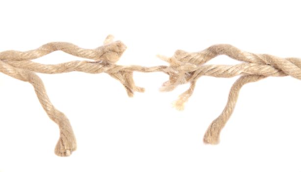 Hemp rope right before ripping apart. All on white background.