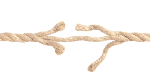 Hemp rope right before ripping apart. All on white background.