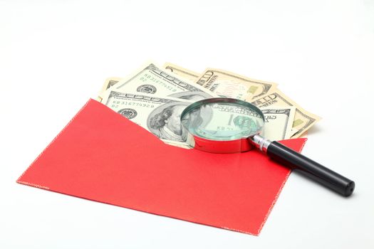 Magnifying glass on Money Dollar Cash Currency Banknote Background Using for Healthy Financial and Insurance Concept
