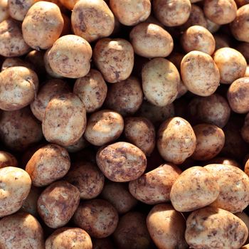 Market stall offering potatoes.