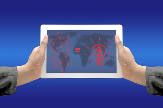 Business Man hand hold Technology Tablet with Lightbulb using for New Innovation Brainstorm for Money