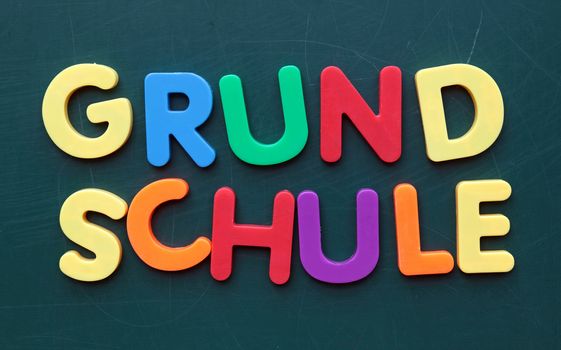 The german term for primary school in colorful letters on blackboard.