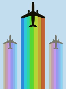 Illustration of aeroplanes with rainbow coloured trails