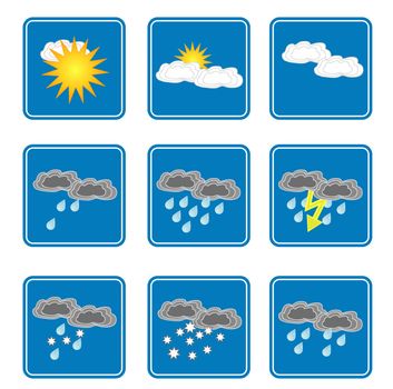 Several blue icons showing different weather situations. All on white background.