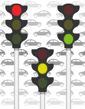 Illustration of three traffic signals on a background made of cars