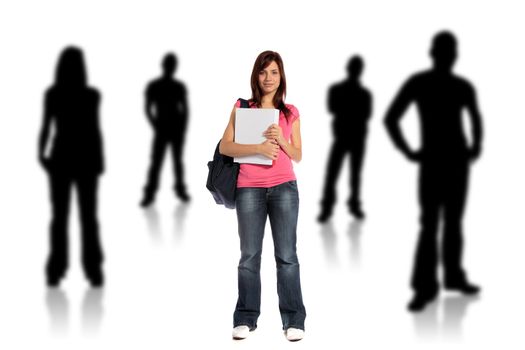 An attractive young student standing within several silhouettes of other persons. All on white background.