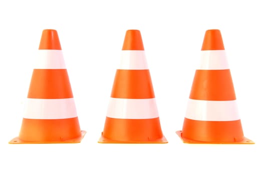 Three traffic cones, isolated on white background.