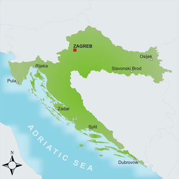 A stylized map of Croatia showing different big cities and nearby countries.