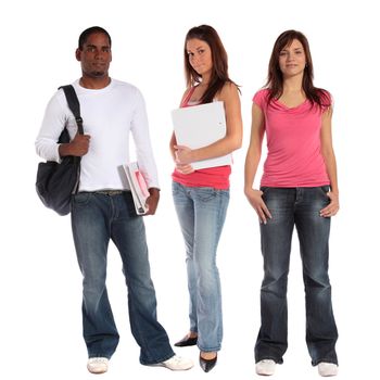 Three attractive students standing next to each other in front of a plain white background. 