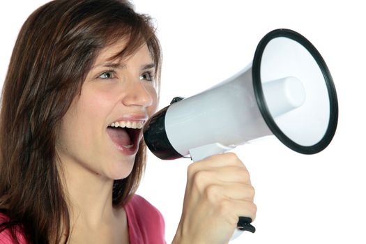 An attractive young woman using a megaphone. All on white background. 