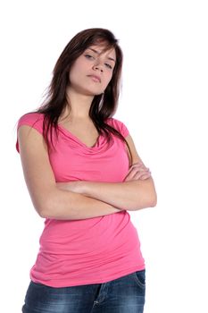 A skeptic young woman. All on white background. 