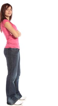 A laid-back young woman leaning to a wall. All on white background. 