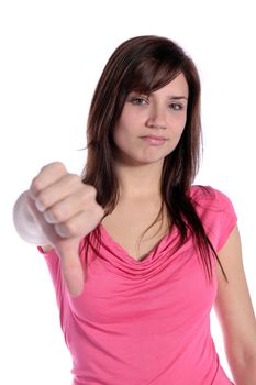 An attractive young woman making a negative gesture. All on white background.