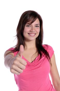 An attractive young woman with thumb up sign. All on white background. 
