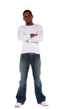 An attractive dark-skinned man standing in front of plain white background. 