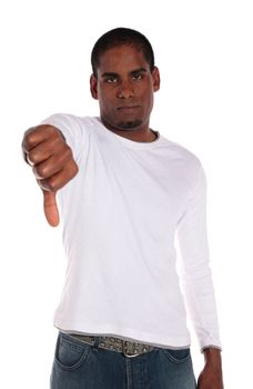 An attractive dark-skinned man making a negative gesture. All on white background. 