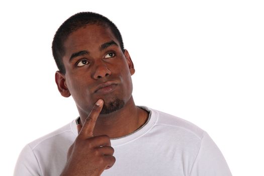 An attractive dark-skinned man deliberates a decision. All on white background. 
