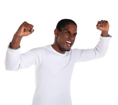 An attractive dark-skinned man cheering. All on white background. 