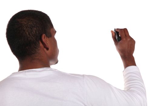 An attractive dark-skinned man sketching with a pencil. Image with extra copy space. All on white background. 