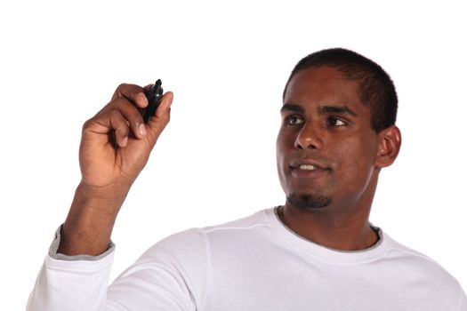 An attractive dark-skinned man sketching with a pencil. Image with extra copy space. All on white background. 