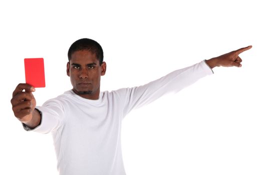 An attractive dark-skinned man showing the red card. All on white background.