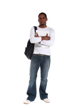 An attractive dark-skinned student standing in front of a plain white background.