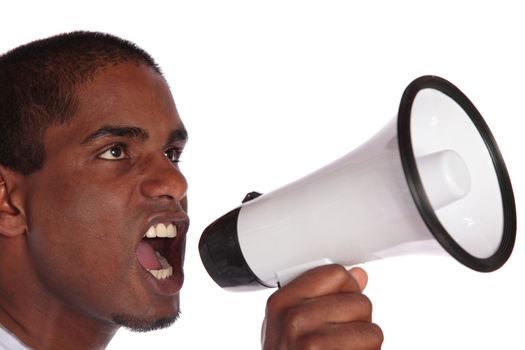 An attractive dark-skinned man using a megaphone. All on white background.