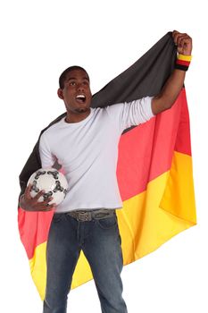 A german soccer supporter cheering. All on white background.