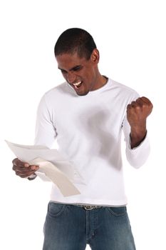 An attractive dark-skinned man getting good news via mail. All on white background.