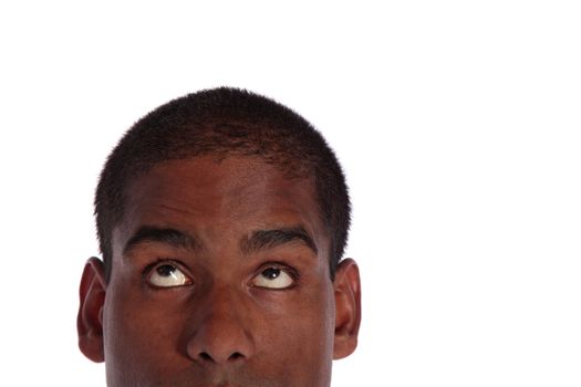 Face of an attractive dark-skinned man looking up. All on white background.